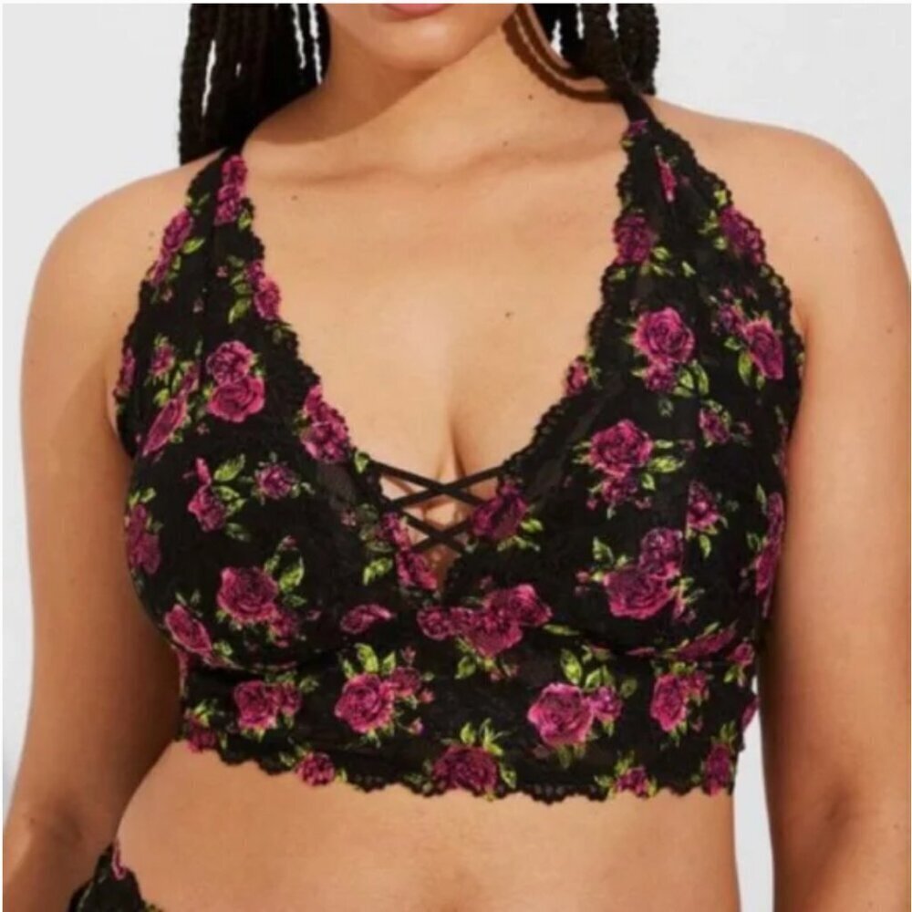 Torrid Black and Pink Floral Lace Bra